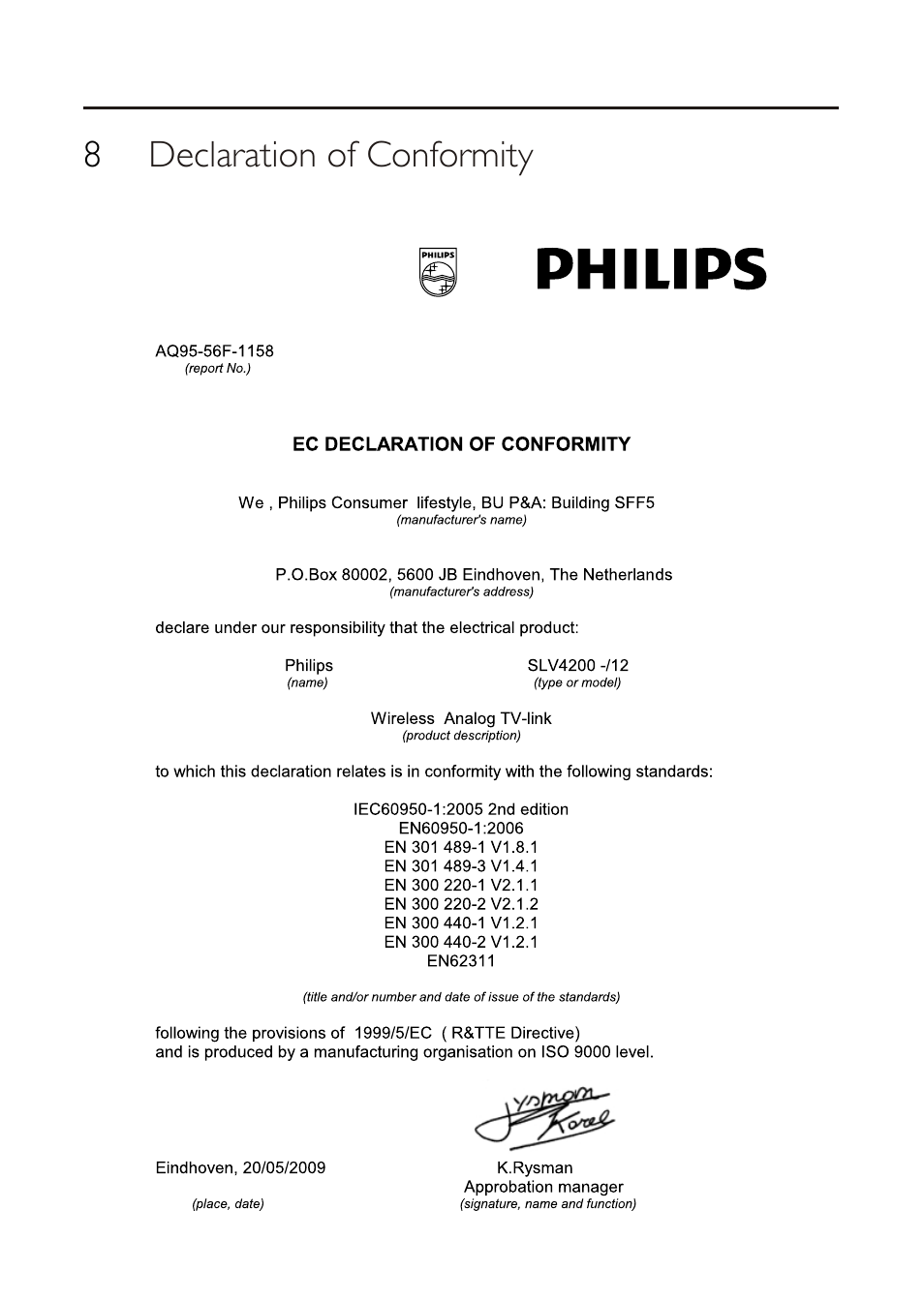 8 declaration of conformity | Philips SLV4200  EN User Manual | Page 18 / 19