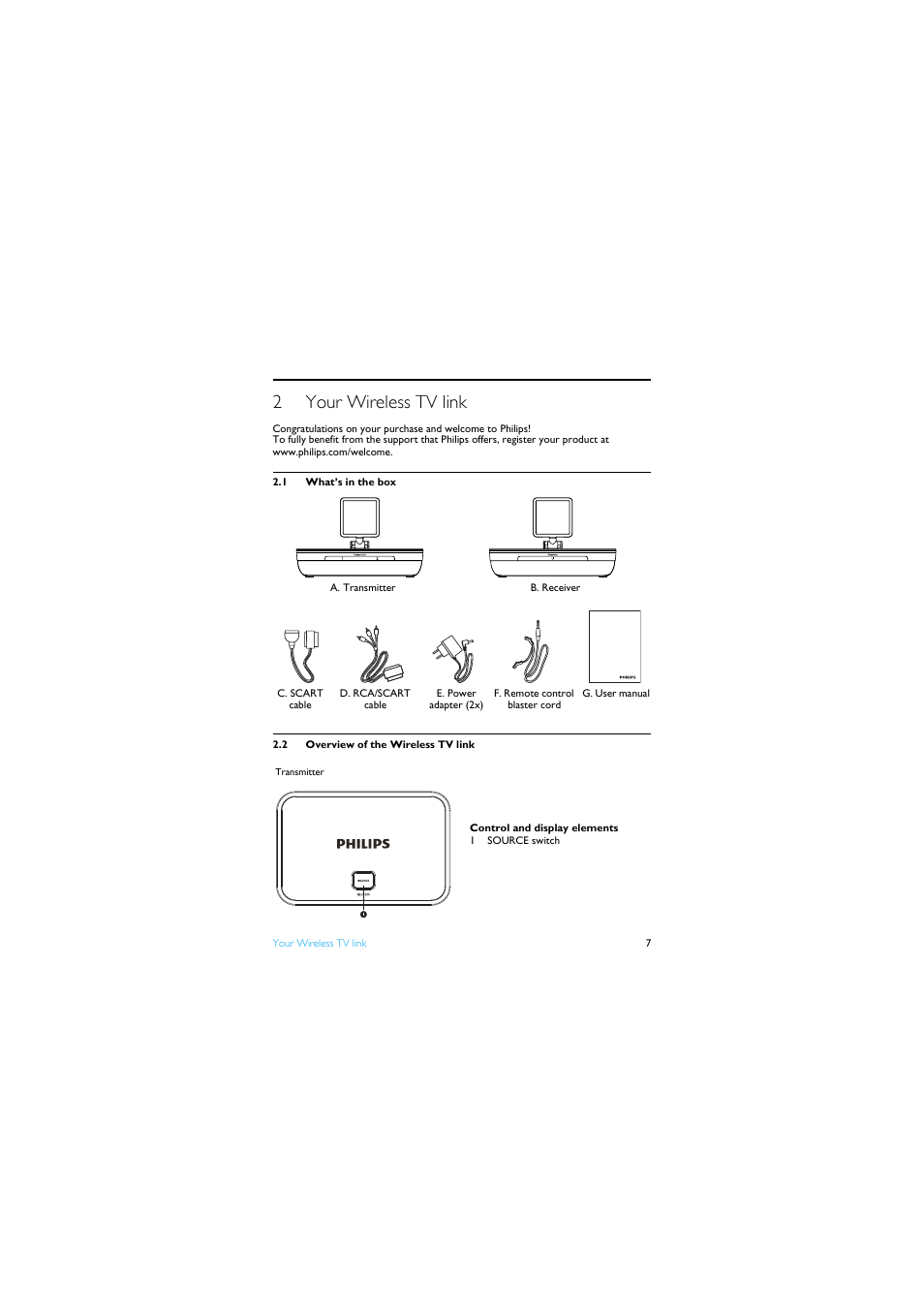 2 your wireless tv link, 1 what’s in the box, 2 overview of the wireless tv link | 2your wireless tv link | Philips SLV4200  EN User Manual | Page 7 / 19