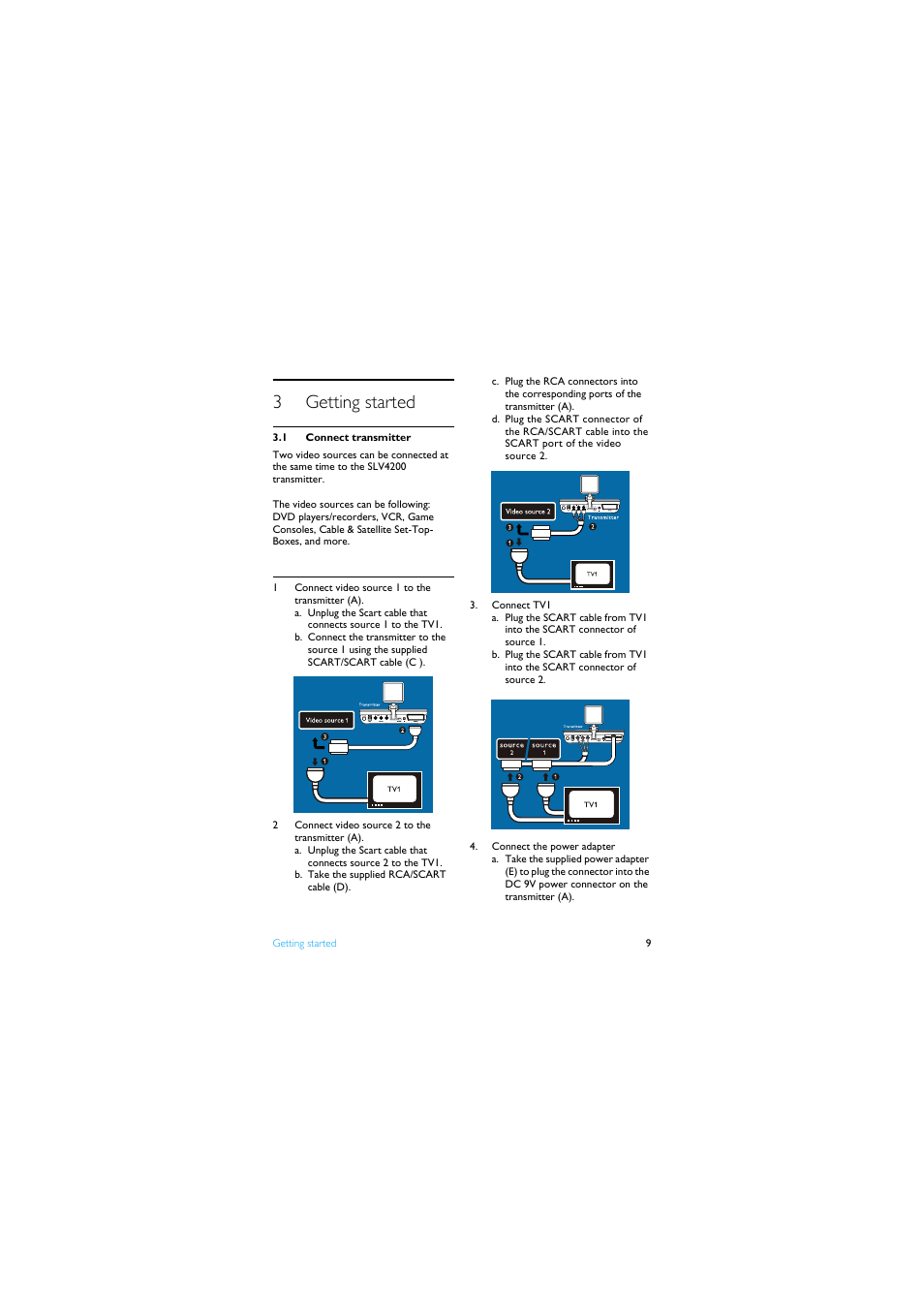 3 getting started, 1 connect transmitter, 3getting started | Philips SLV4200  EN User Manual | Page 9 / 19