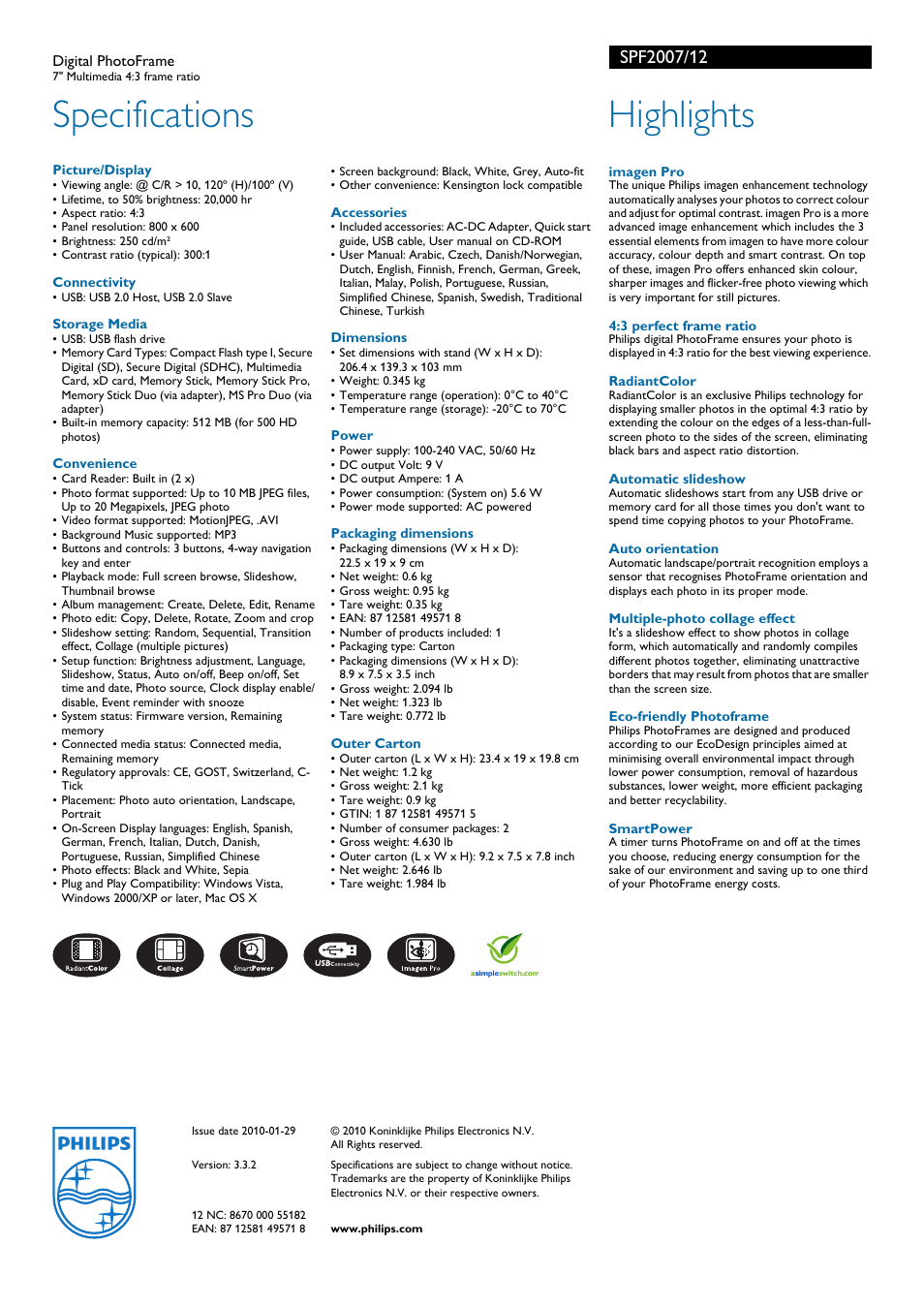 Specifications, Highlights | Philips SPF2007/12 User Manual | Page 2 / 2