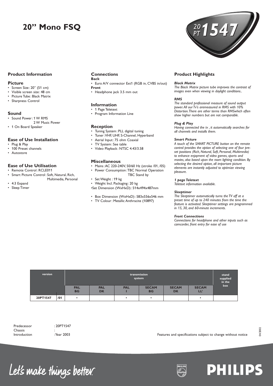 20” mono fsq, 20 pt | Philips 20" Mono FSQ PT154720 User Manual | Page 2 / 2