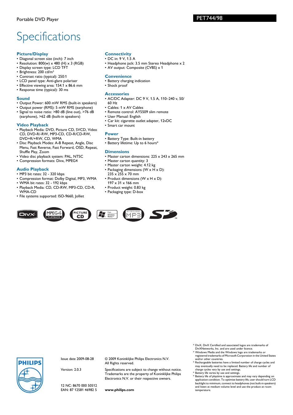Specifications | Philips PET744/98 User Manual | Page 2 / 2