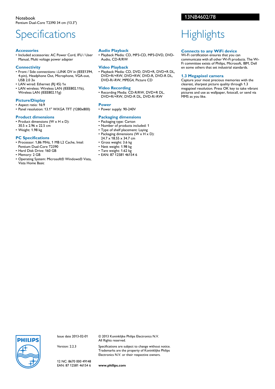 Specifications, Highlights | Philips 13NB4602 User Manual | Page 2 / 2