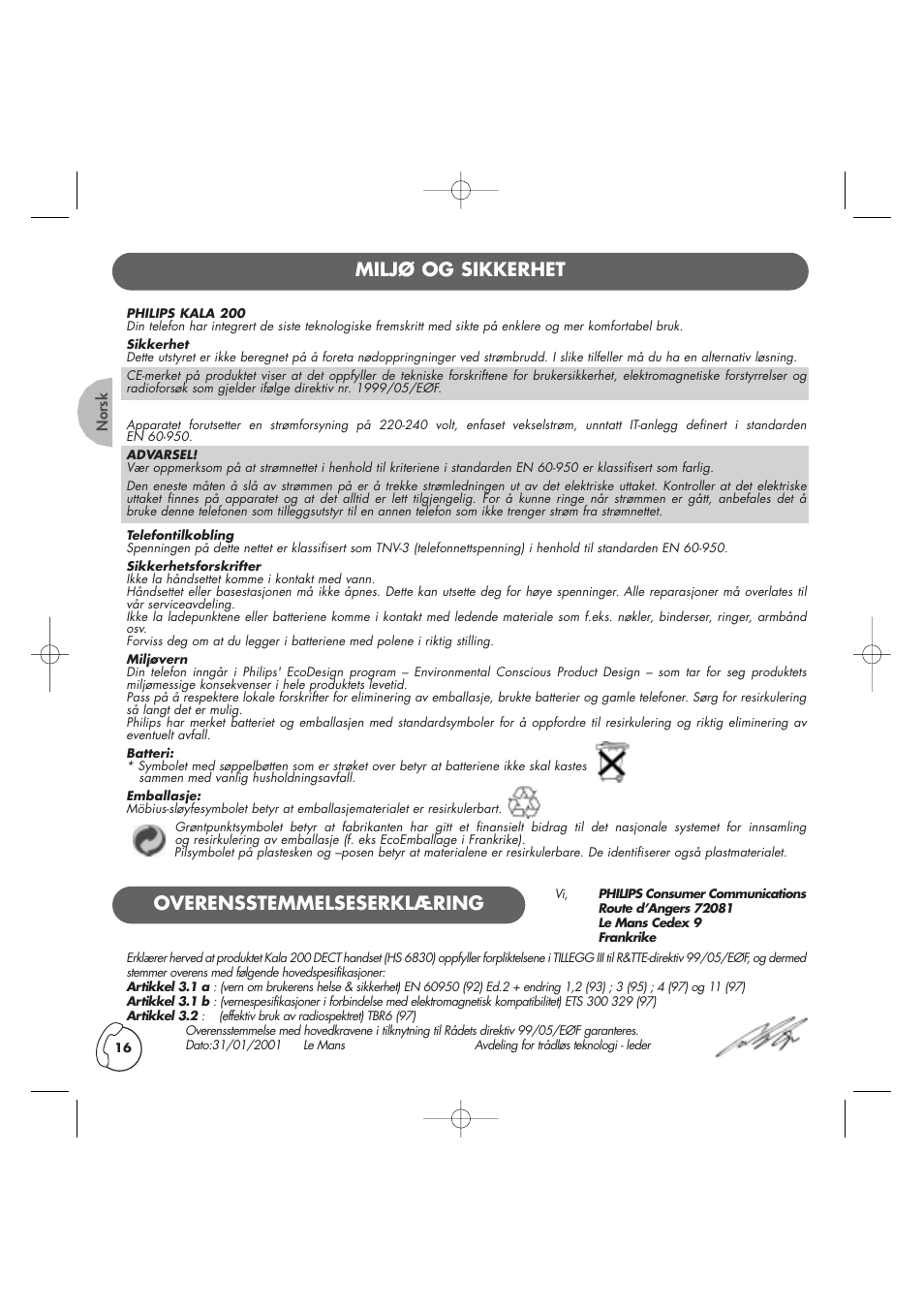 Miljø og sikkerhet, Overensstemmelseserklæring | Philips Kala 200 User Manual | Page 17 / 41