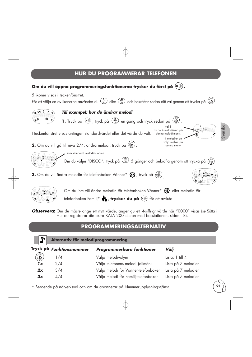 Hur du programmerar telefonen, Programmeringsalternativ | Philips Kala 200 User Manual | Page 22 / 41