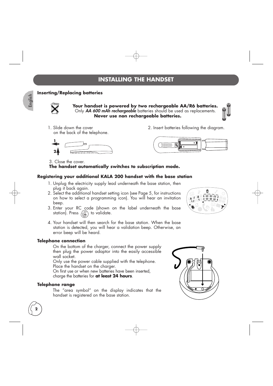 Installing the handset | Philips Kala 200 User Manual | Page 3 / 41