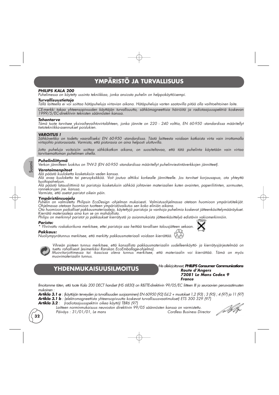 Ympäristö ja turvallisuus, Yhdenmukaisuusilmoitus | Philips Kala 200 User Manual | Page 33 / 41