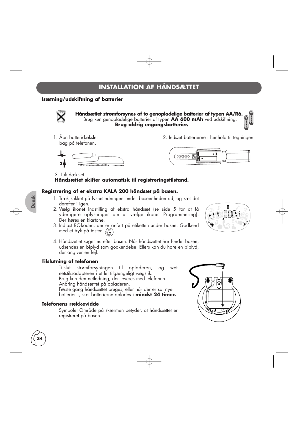 Installation af håndsættet | Philips Kala 200 User Manual | Page 35 / 41