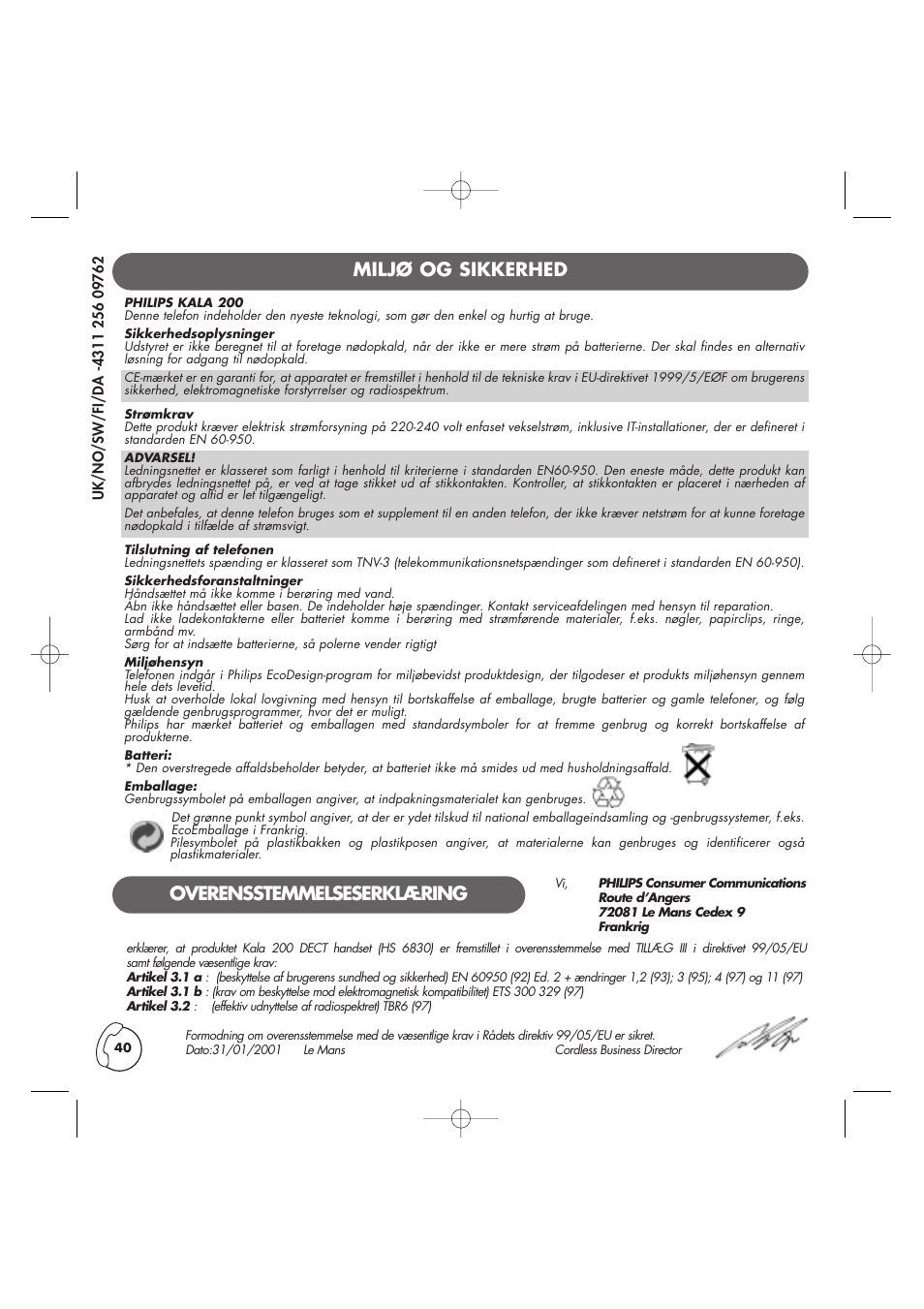 Miljø og sikkerhed, Overensstemmelseserklæring | Philips Kala 200 User Manual | Page 41 / 41
