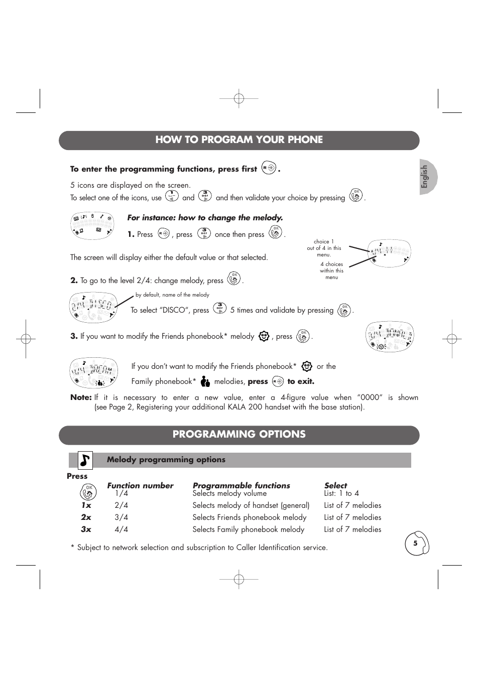 How to program your phone, Programming options | Philips Kala 200 User Manual | Page 6 / 41