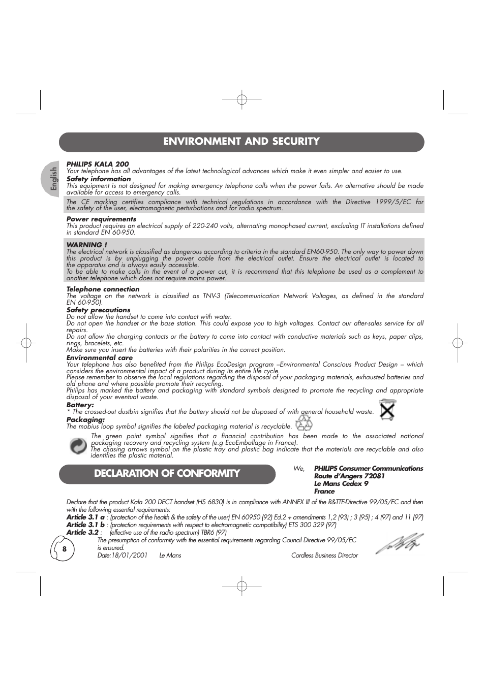 Environment and security, Declaration of conformity | Philips Kala 200 User Manual | Page 9 / 41