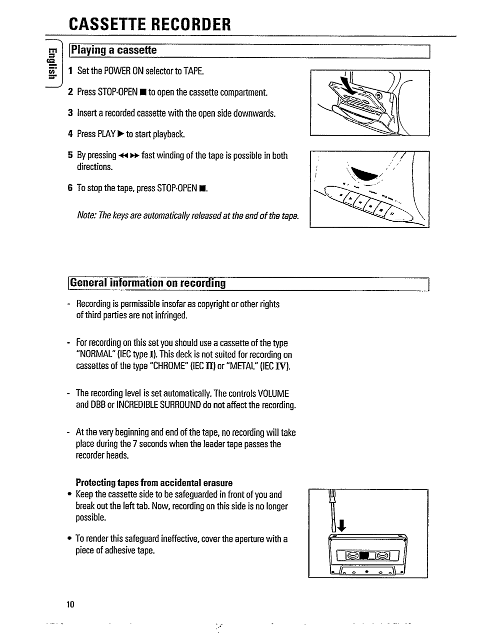 Cassette recorder, Playing a cassette, General information on recording | Protecting tapes from accidental erasure | Philips AZ 8070 User Manual | Page 10 / 19