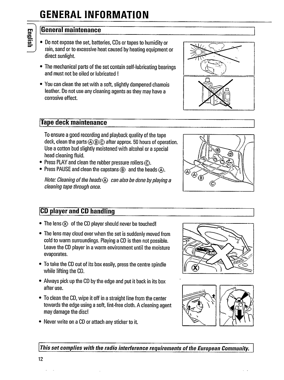 General information, Igeneral maintenance, Tape deck maintenance | Cd player and cd handling | Philips AZ 8070 User Manual | Page 12 / 19