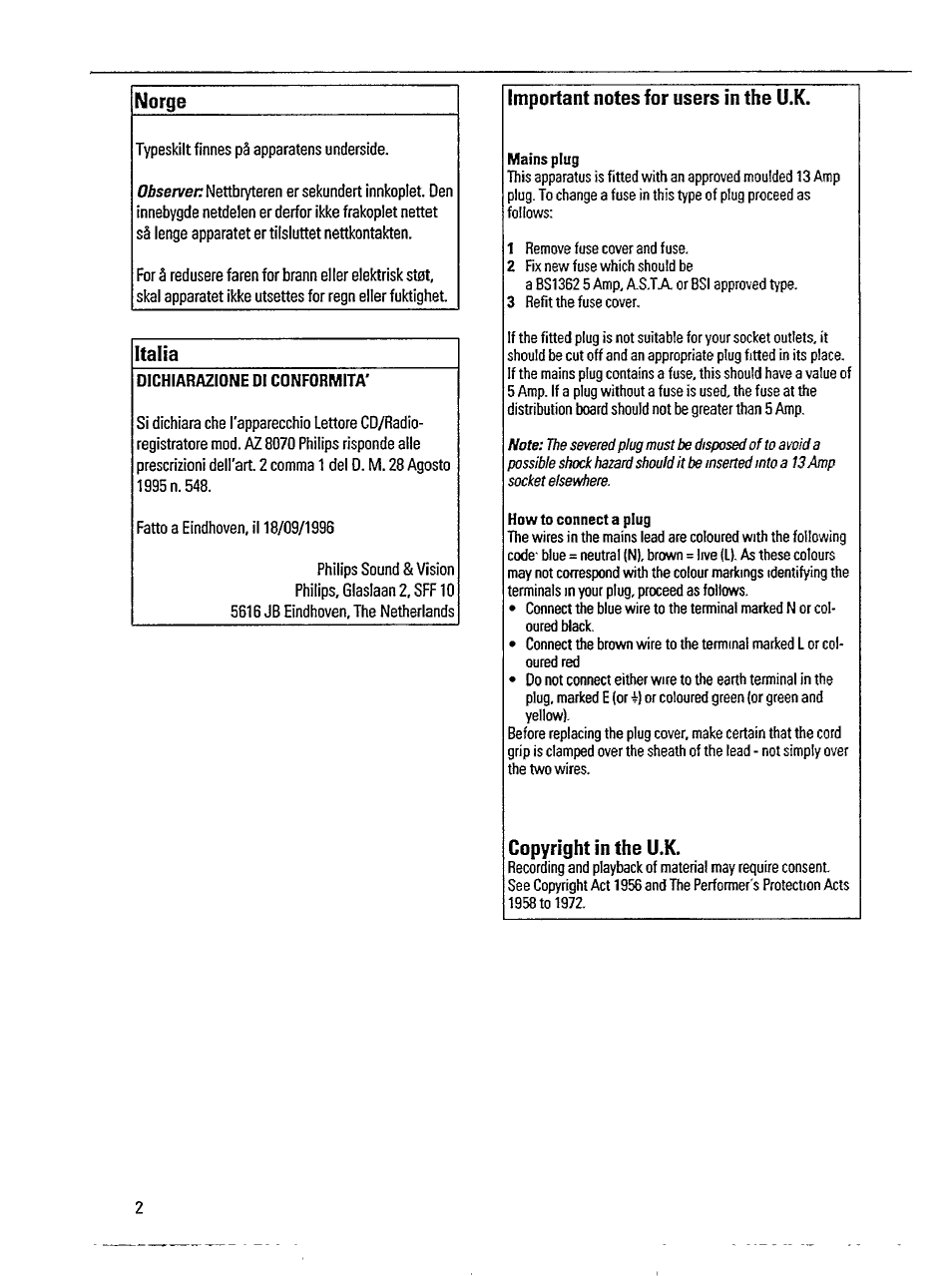 Dichiarazione di conformità, Mains plug, How to connect a plug | Norge, Italia, Copyright in the u.k | Philips AZ 8070 User Manual | Page 2 / 19