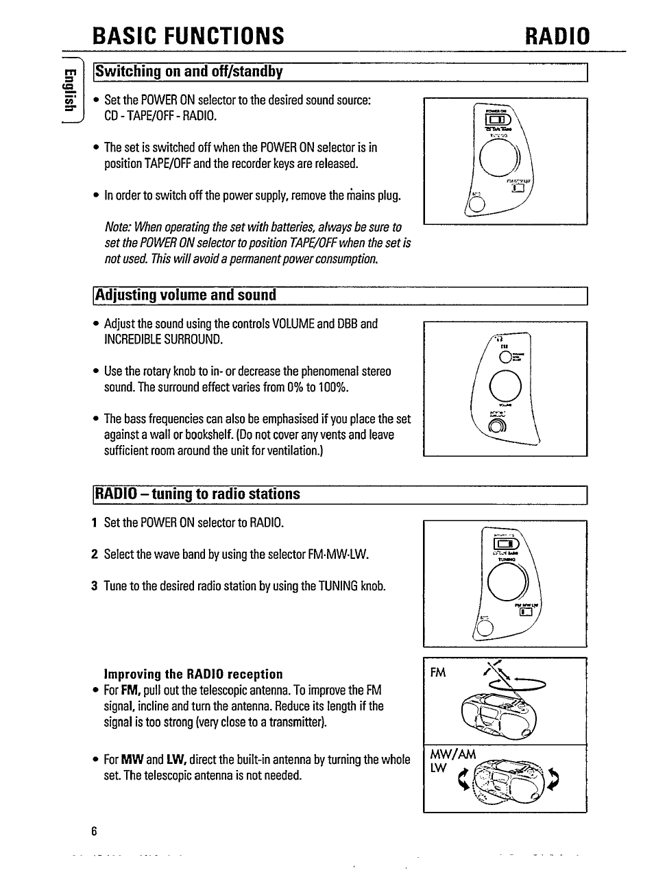 Switching on and off/standby, Adjusting volume and sound, Radio - tuning to radio stations | Basic functions radio | Philips AZ 8070 User Manual | Page 6 / 19