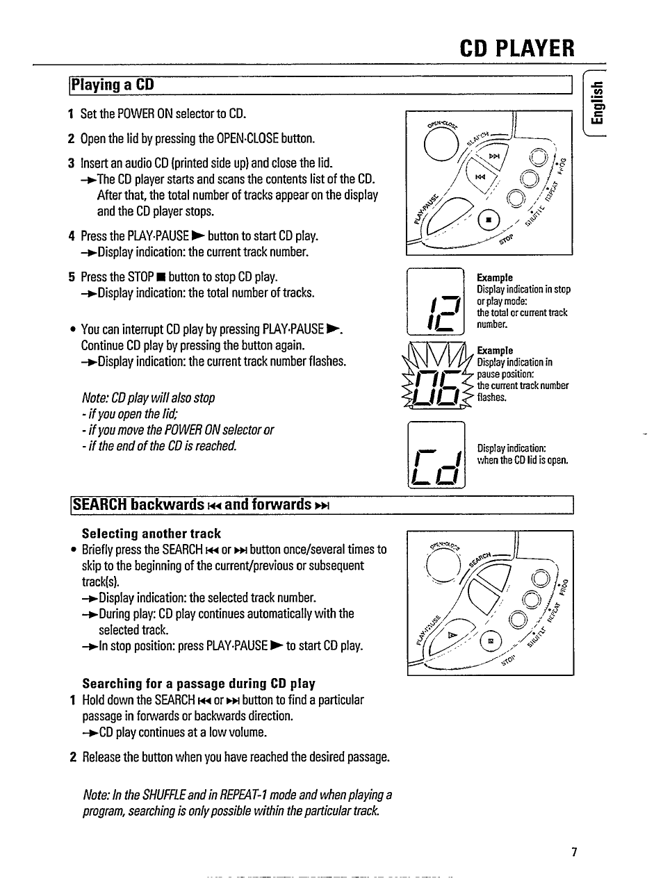 Playing a cd, Search backwards rm and forwards, Selecting another track | Searching for a passage during cd play, Cd player | Philips AZ 8070 User Manual | Page 7 / 19