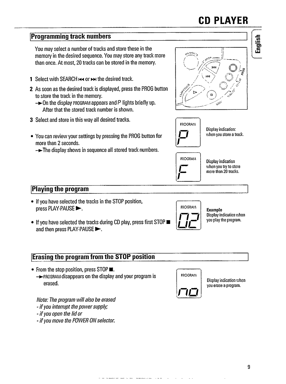 Programming track numbers, Playing the program, Erasing the program from the stop position | Cd player | Philips AZ 8070 User Manual | Page 9 / 19