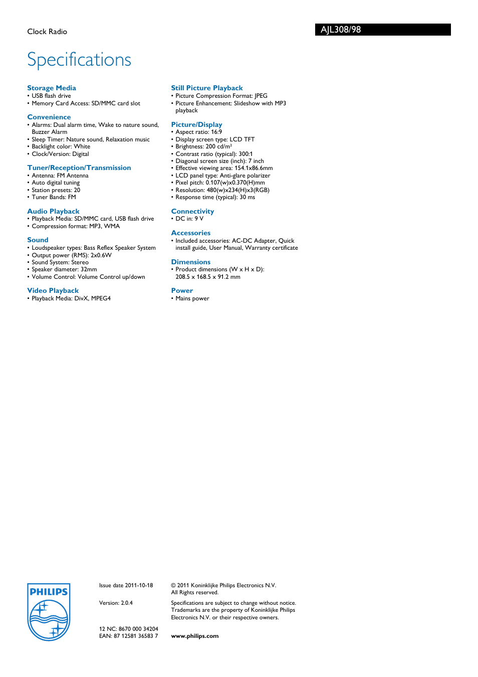 Specifications | Philips AJL308/98 User Manual | Page 3 / 3