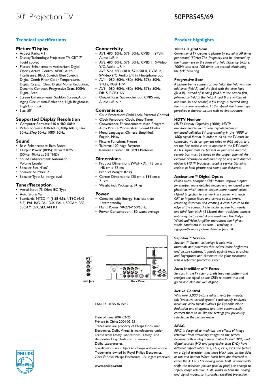 50" projection tv | Philips 50PP8545/69 User Manual | Page 2 / 2