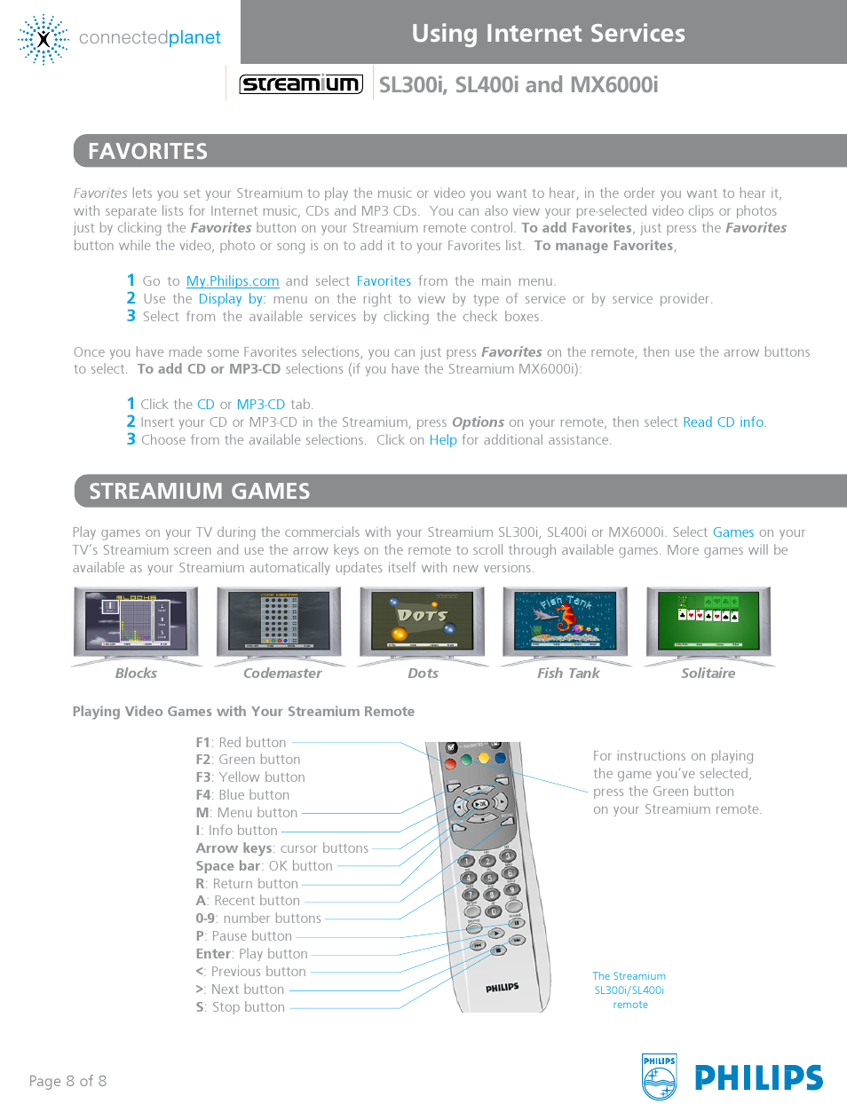 Online games, Select, Games | On your tv’s streamium screen, Dream, Stream, Don't, Using internet services | Philips SL300I User Manual | Page 8 / 8