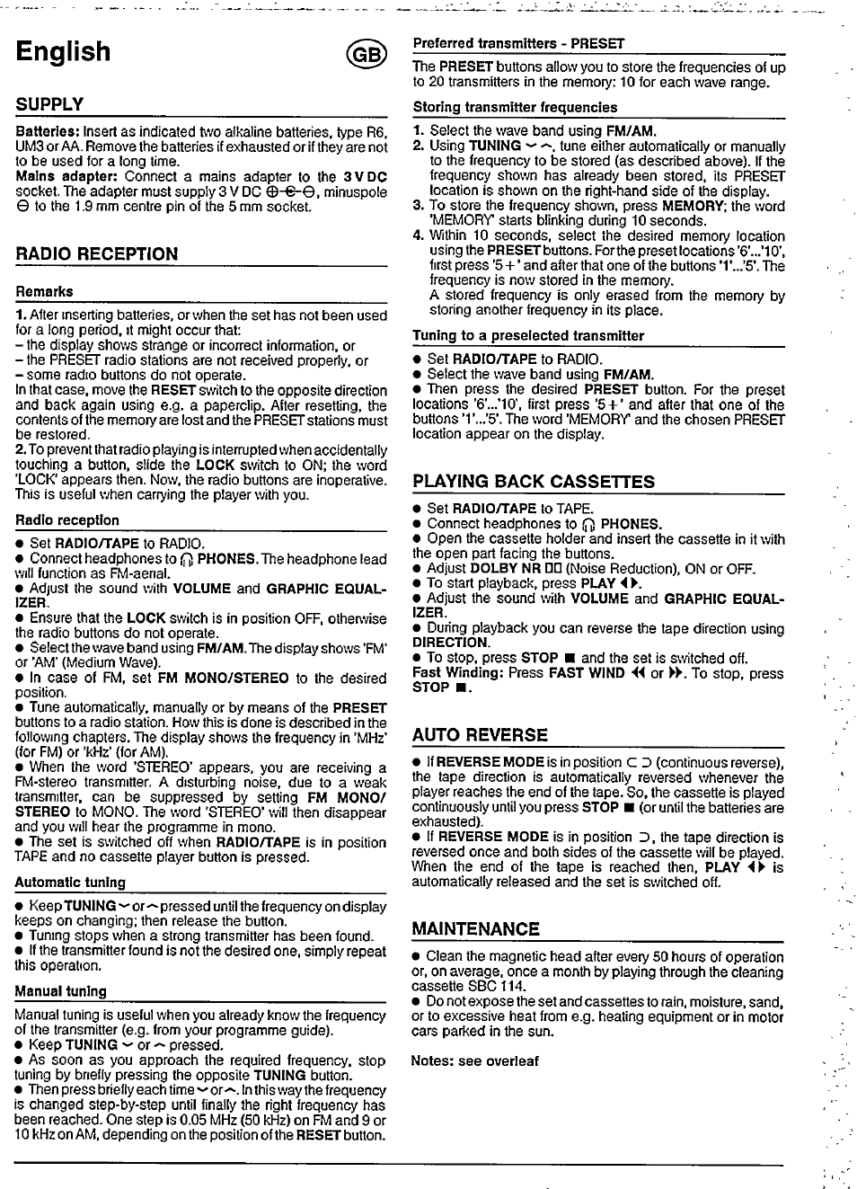 Radio reception, Playing back cassettes, Auto reverse | Maintenance, English, Supply | Philips AQ6599 User Manual | Page 6 / 9