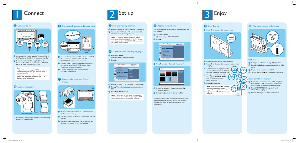 Connect, Set up, Enjoy | Connect to tv, Connect speakers, Connect subwoofer and power cable, Attach table stand and flavors frames, Find the viewing channel, Select on-screen display language, Start disc play | Philips Flaors FTS6000/12 User Manual | Page 2 / 2