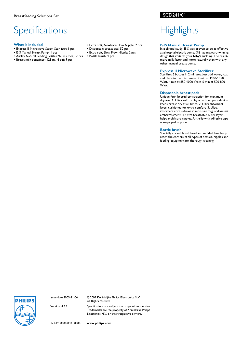 Specifications, Highlights | Philips SCD241/01 User Manual | Page 2 / 2