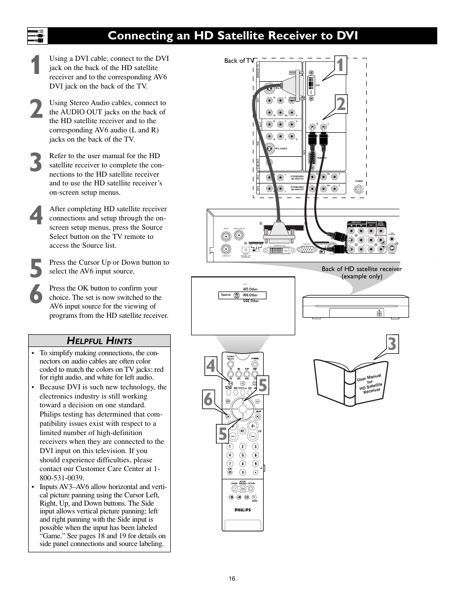 Connecting an hd satellite receiver to dvi, Elpful, Ints | Philips Cineos 55PL9223 User Manual | Page 16 / 80