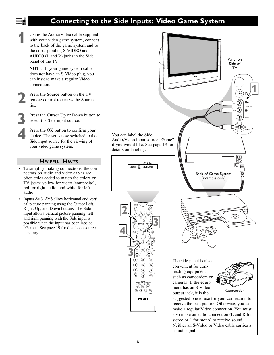 Connecting to the side inputs: video game system | Philips Cineos 55PL9223 User Manual | Page 18 / 80