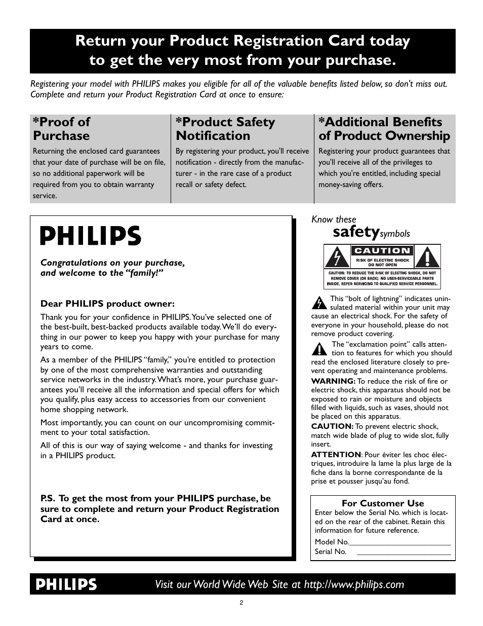 Safety, Proof of purchase, Product safety notification | Additional benefits of product ownership | Philips Cineos 55PL9223 User Manual | Page 2 / 80