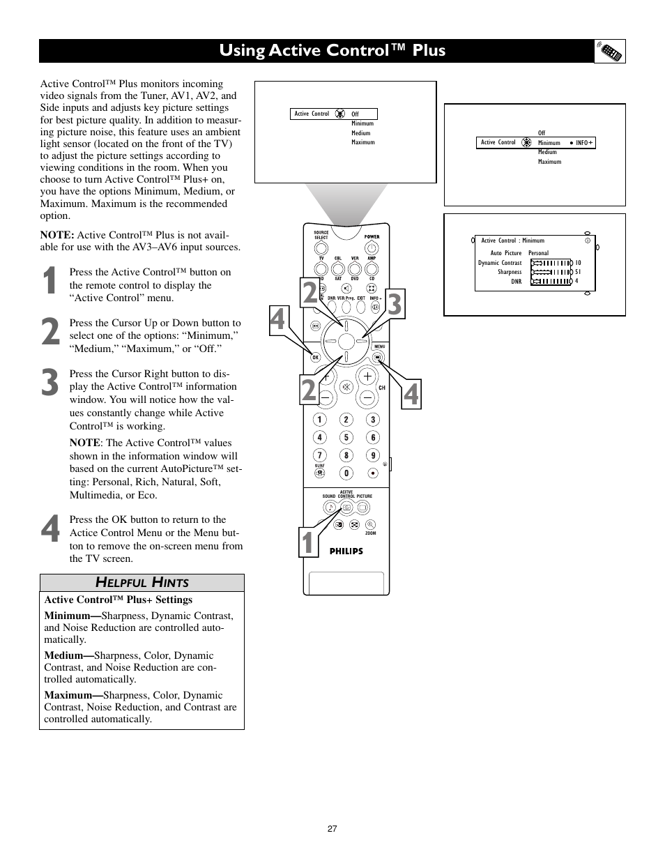 Using active control™ plus | Philips Cineos 55PL9223 User Manual | Page 27 / 80