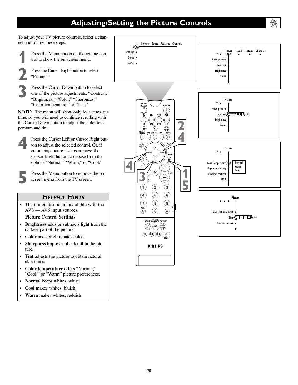 Adjusting/setting the picture controls | Philips Cineos 55PL9223 User Manual | Page 29 / 80