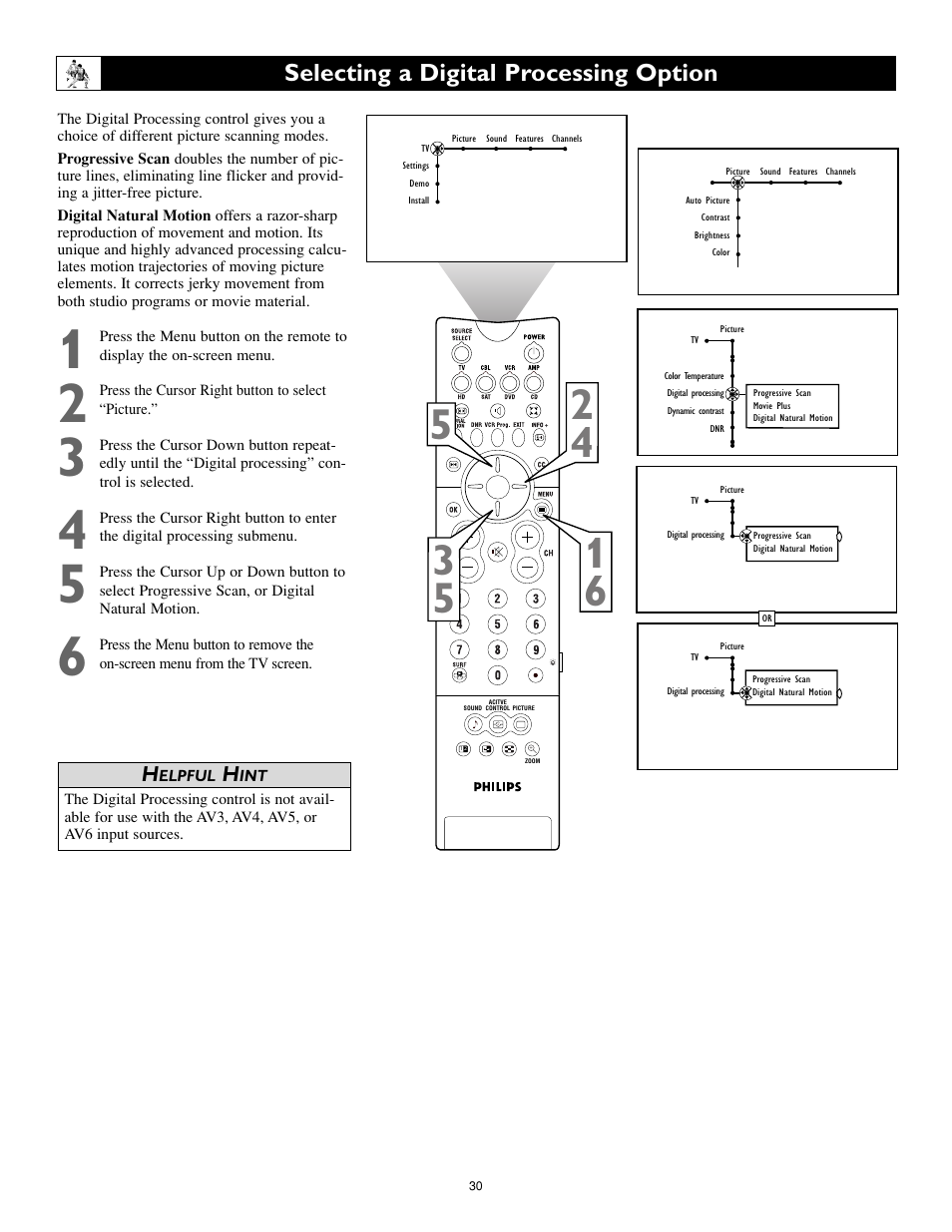 Selecting a digital processing option | Philips Cineos 55PL9223 User Manual | Page 30 / 80