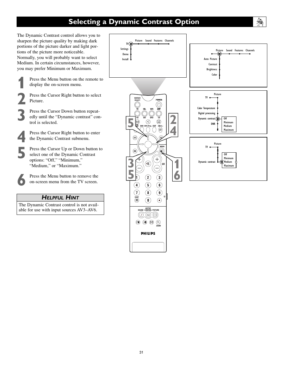 Selecting a dynamic contrast option | Philips Cineos 55PL9223 User Manual | Page 31 / 80