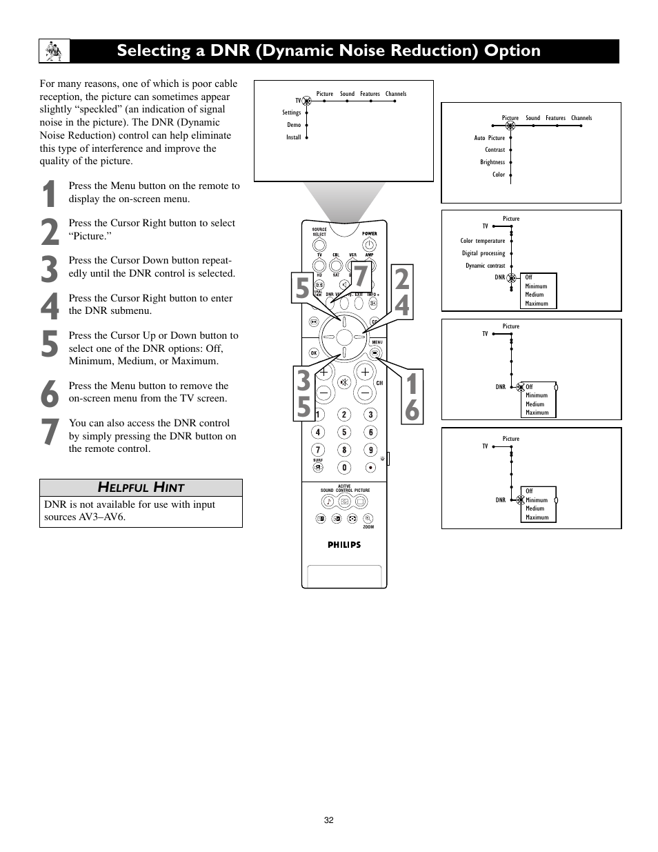 Selecting a dnr (dynamic noise reduction) option | Philips Cineos 55PL9223 User Manual | Page 32 / 80