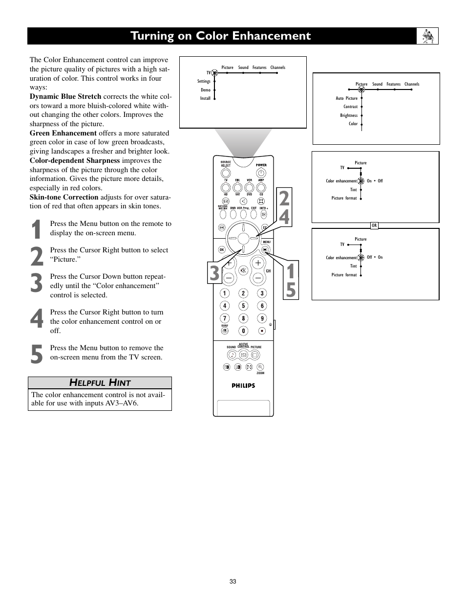 Turning on color enhancement | Philips Cineos 55PL9223 User Manual | Page 33 / 80