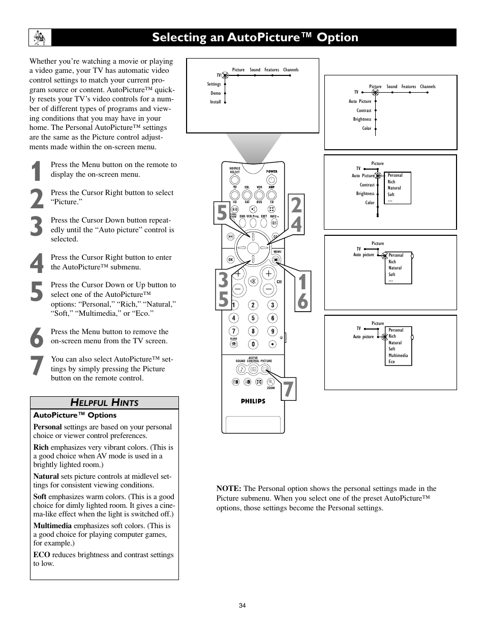 Selecting an autopicture™ option | Philips Cineos 55PL9223 User Manual | Page 34 / 80