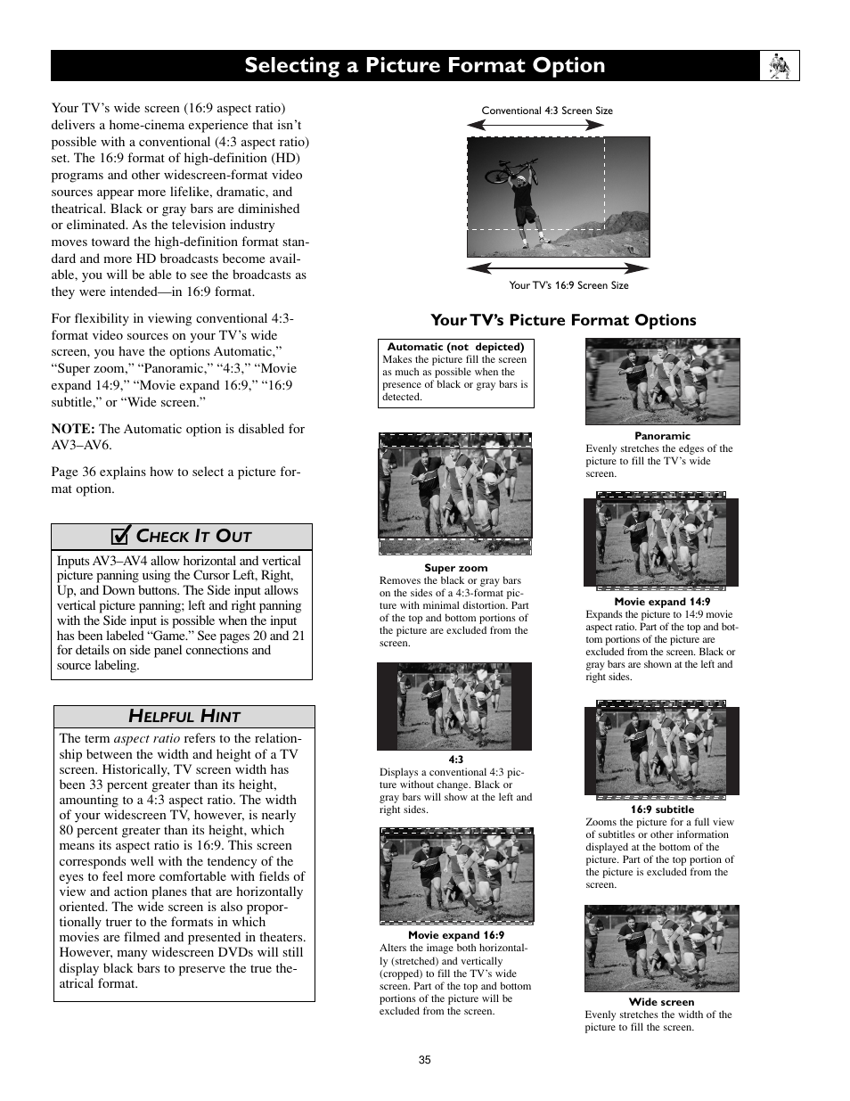 Selecting a picture format option, Cc c | Philips Cineos 55PL9223 User Manual | Page 35 / 80