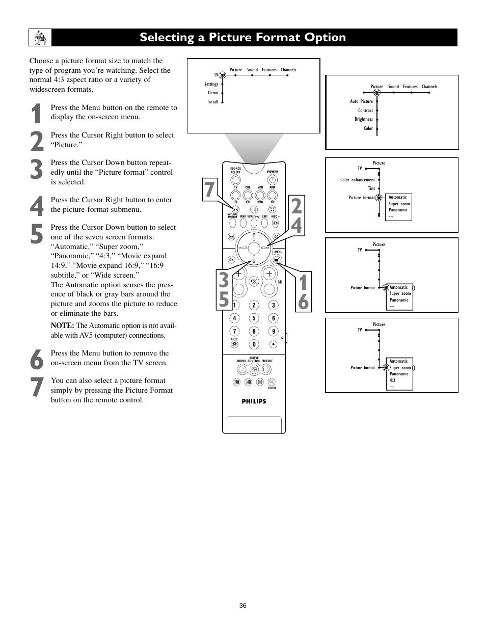 Selecting a picture format option | Philips Cineos 55PL9223 User Manual | Page 36 / 80