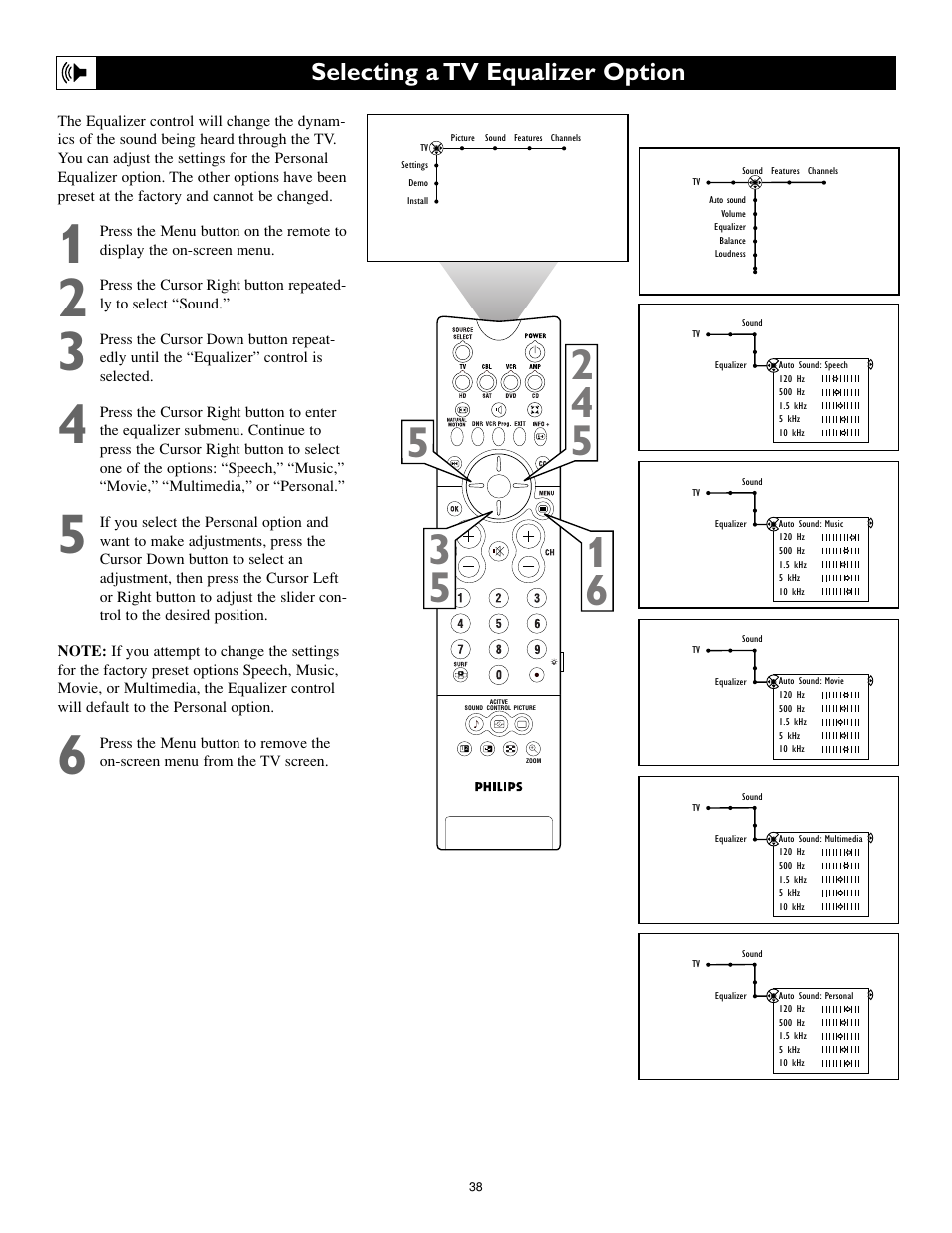 Selecting a tv equalizer option | Philips Cineos 55PL9223 User Manual | Page 38 / 80