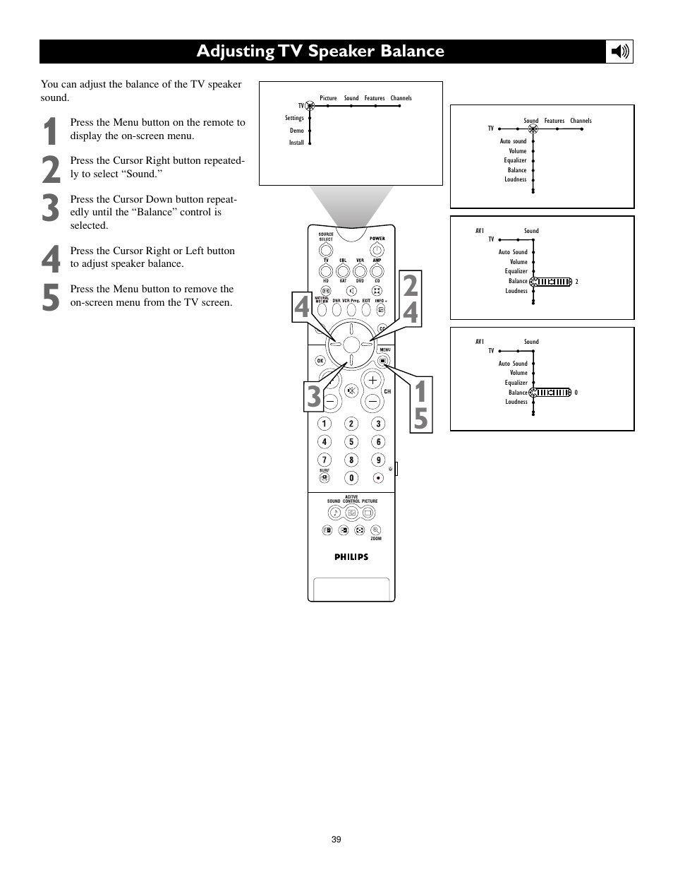 Adjusting tv speaker balance | Philips Cineos 55PL9223 User Manual | Page 39 / 80