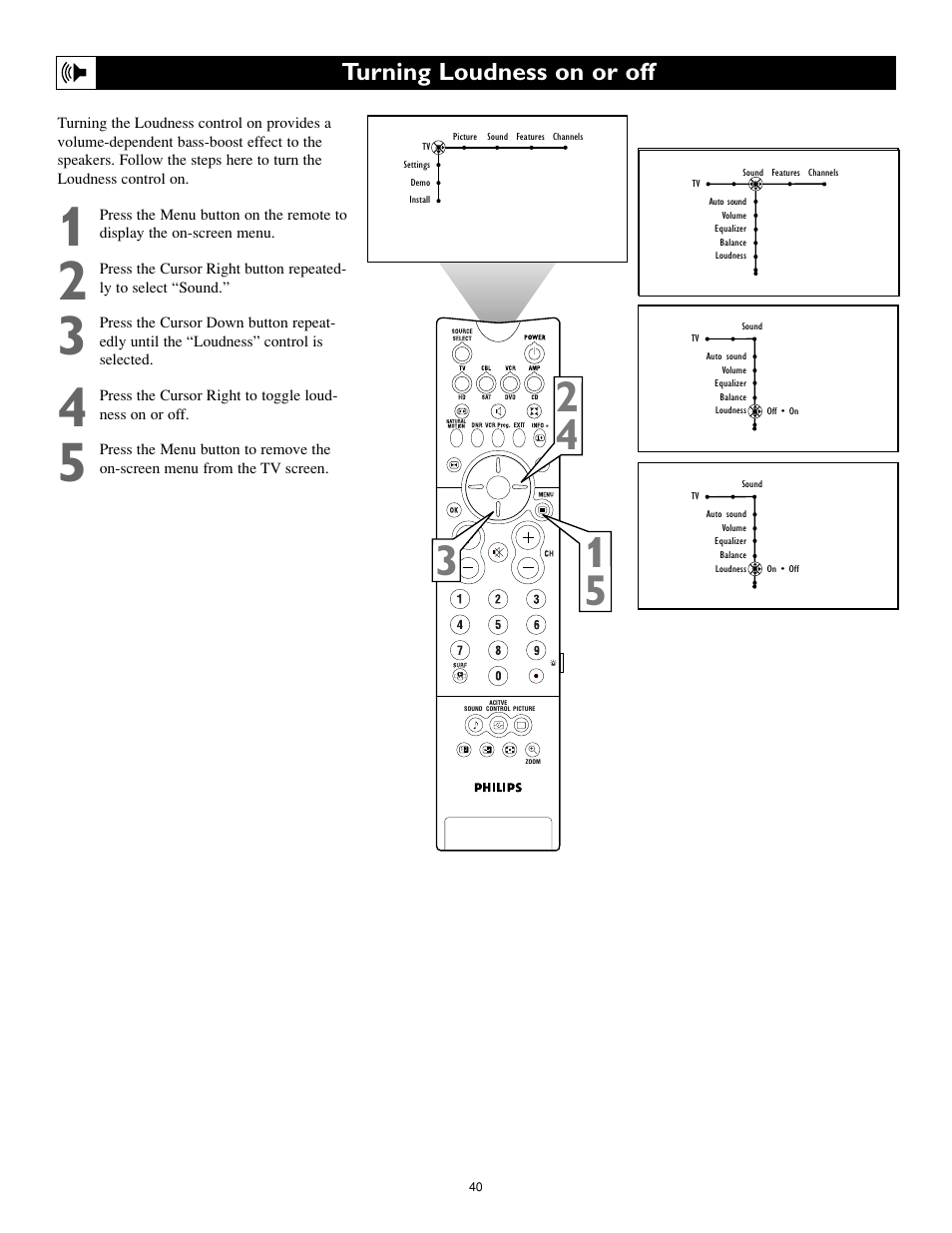 Turning loudness on or off | Philips Cineos 55PL9223 User Manual | Page 40 / 80