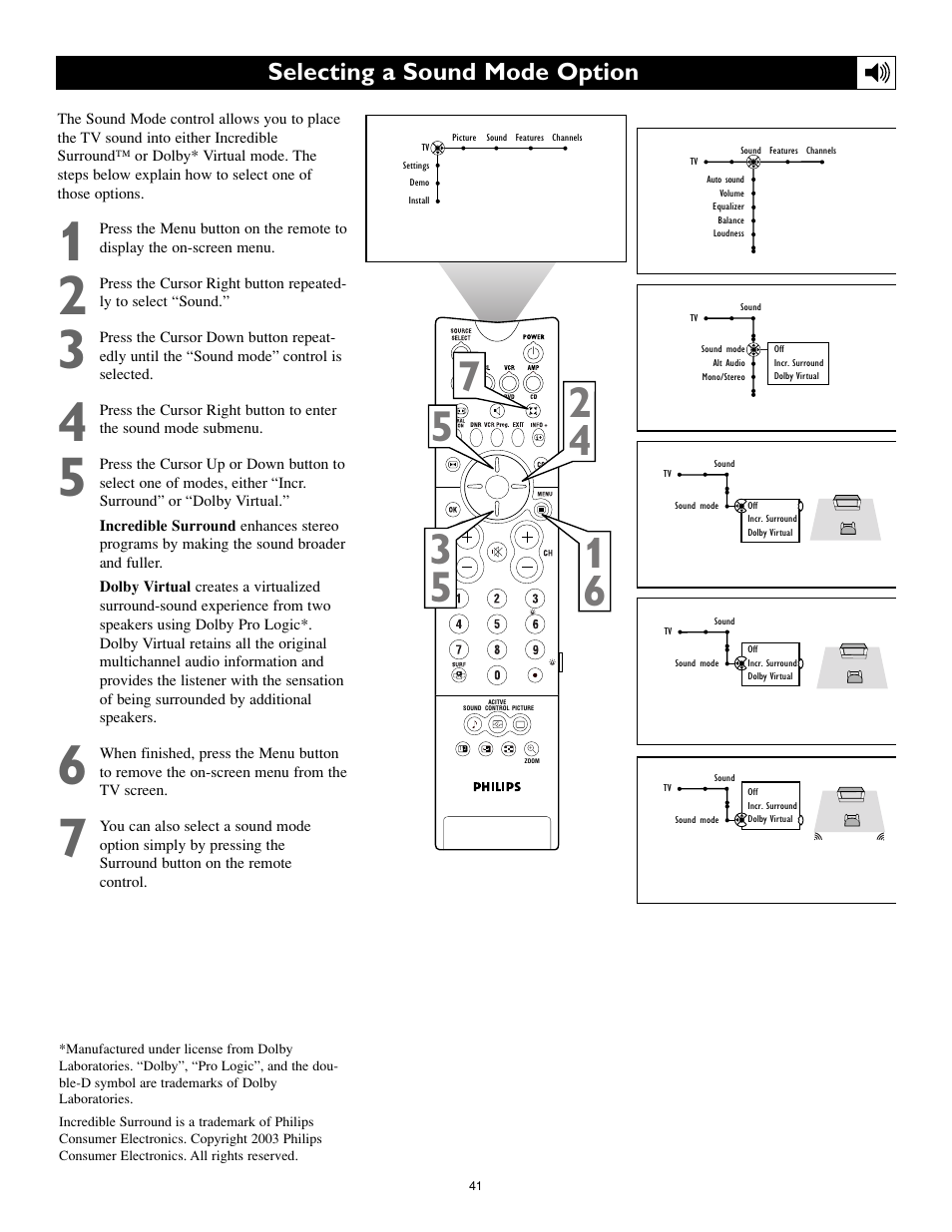 Selecting a sound mode option | Philips Cineos 55PL9223 User Manual | Page 41 / 80