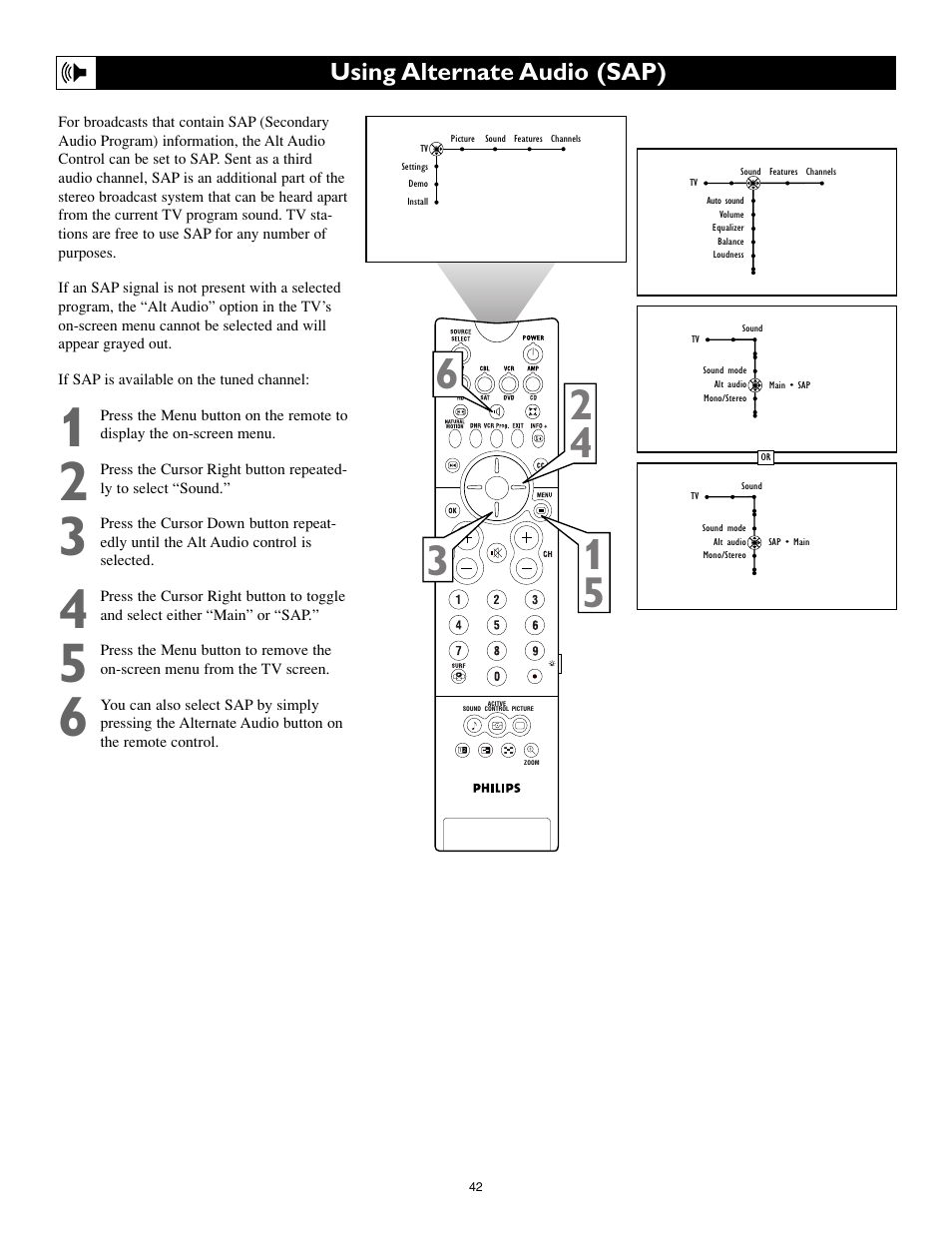 Using alternate audio (sap) | Philips Cineos 55PL9223 User Manual | Page 42 / 80