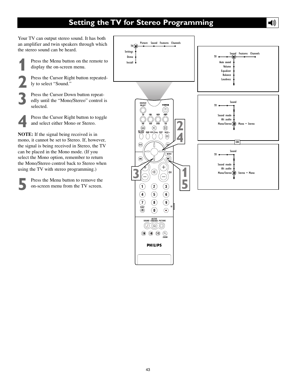 Setting the tv for stereo programming | Philips Cineos 55PL9223 User Manual | Page 43 / 80