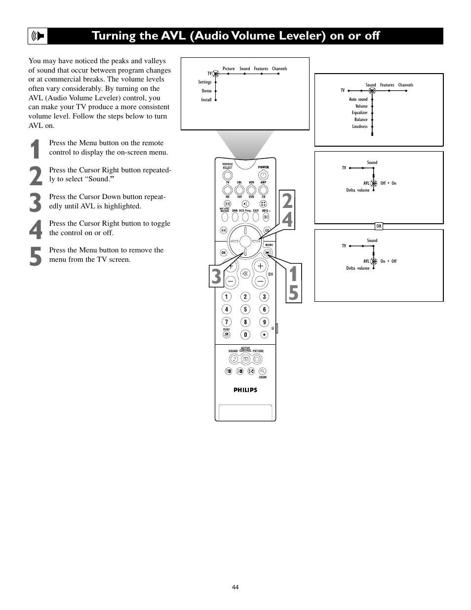 Turning the avl (audio volume leveler) on or off | Philips Cineos 55PL9223 User Manual | Page 44 / 80