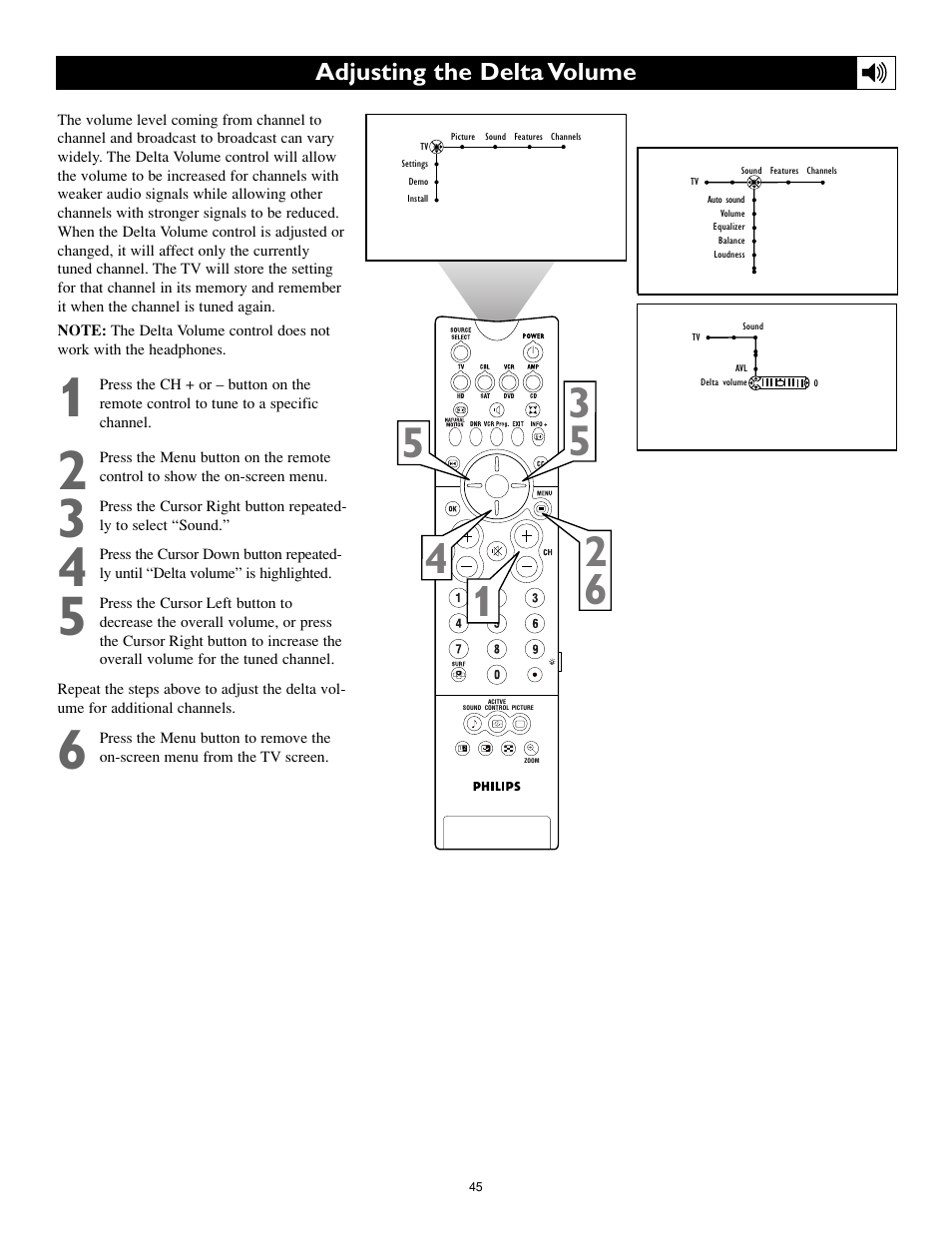 Adjusting the delta volume | Philips Cineos 55PL9223 User Manual | Page 45 / 80