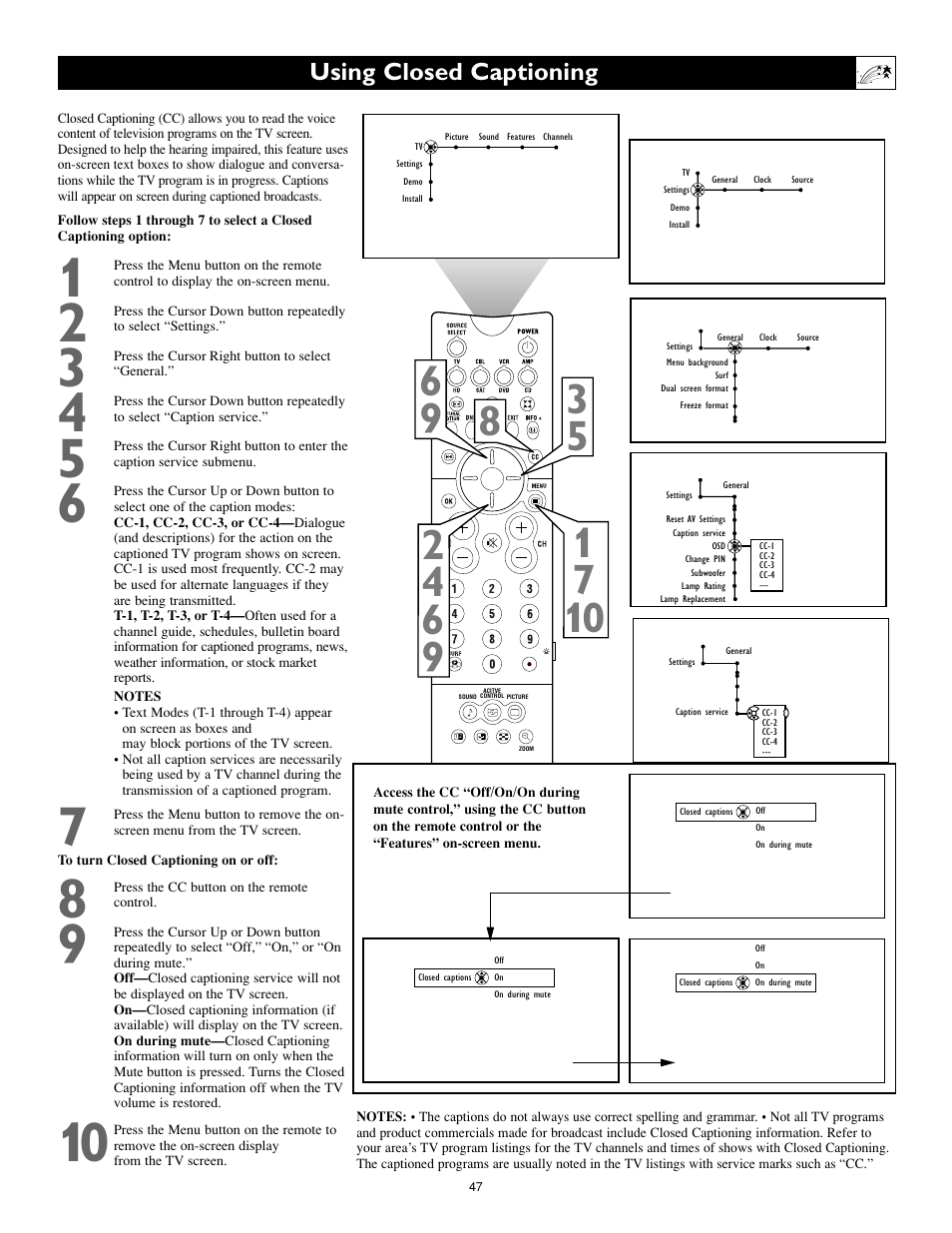 Using closed captioning | Philips Cineos 55PL9223 User Manual | Page 47 / 80