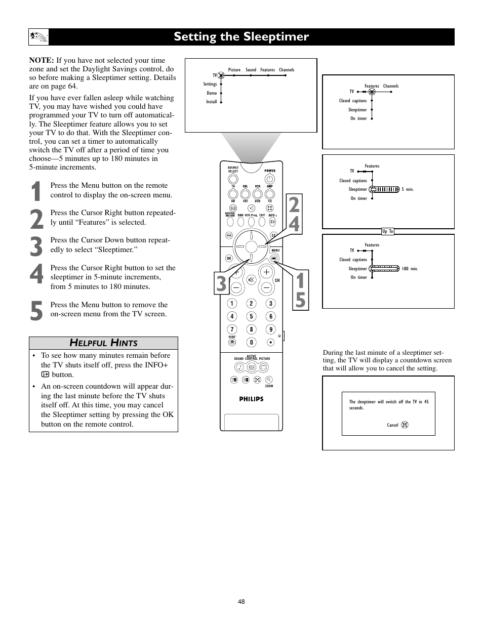 Setting the sleeptimer | Philips Cineos 55PL9223 User Manual | Page 48 / 80