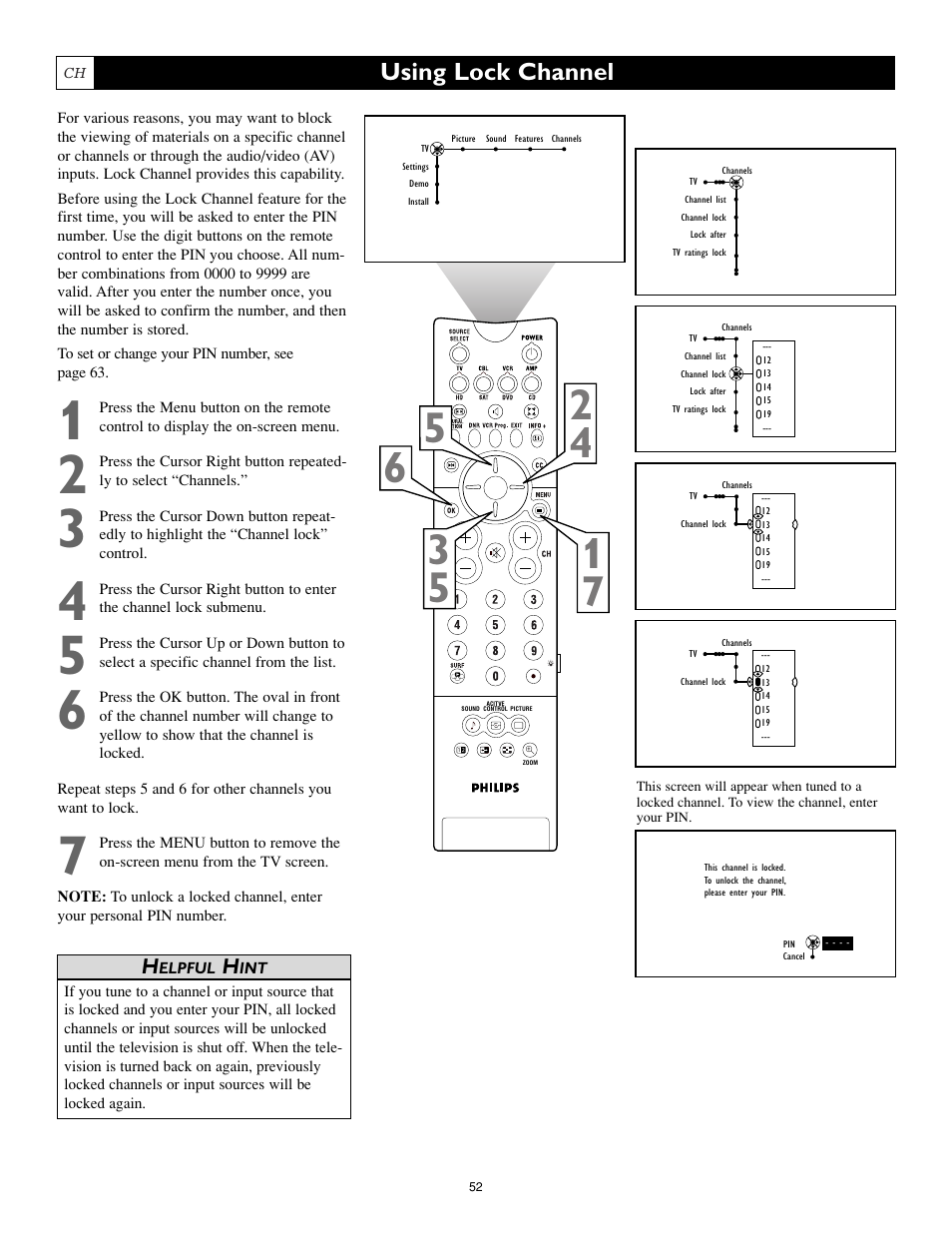 Using lock channel | Philips Cineos 55PL9223 User Manual | Page 52 / 80